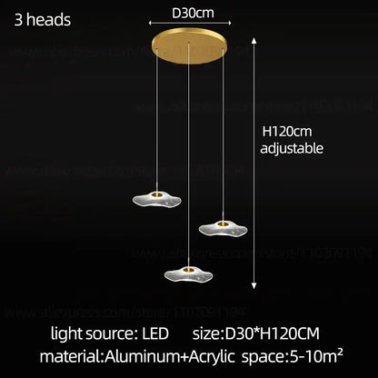 Gold-toned aluminum decorbites led lotus chandelier with three cloud-shaped acrylic lights for modern staircase lighting