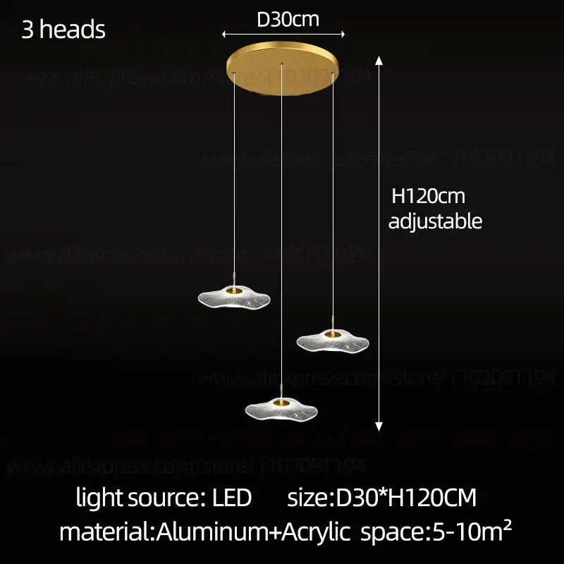 Gold-toned aluminum decorbites led lotus chandelier with three cloud-shaped acrylic lights for modern staircase lighting