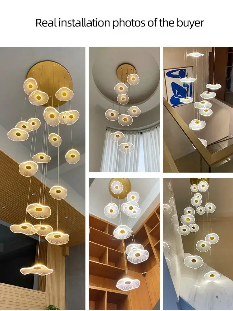 Modern white DecorBites LED lotus staircase chandelier with golden mount and cloud-like lampshades for hotel lobbies and villas
