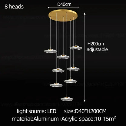Gold-toned aluminum decorbites led lotus staircase chandelier with eight cloud-shaped acrylic lamp heads for hotel lobby lighting
