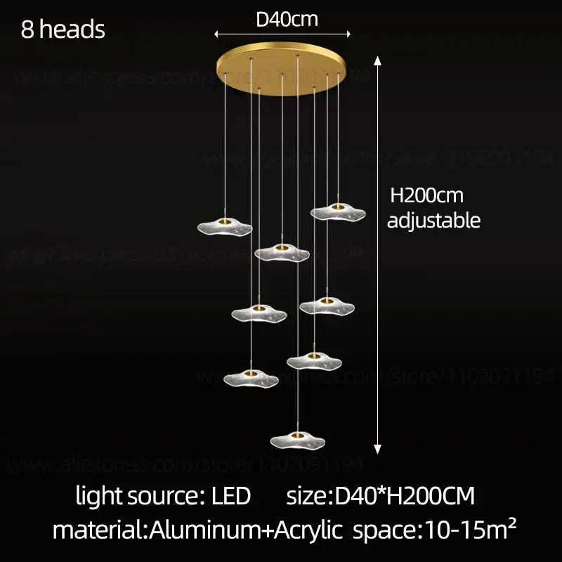 Gold-toned aluminum decorbites led lotus staircase chandelier with eight cloud-shaped acrylic lamp heads for hotel lobby lighting