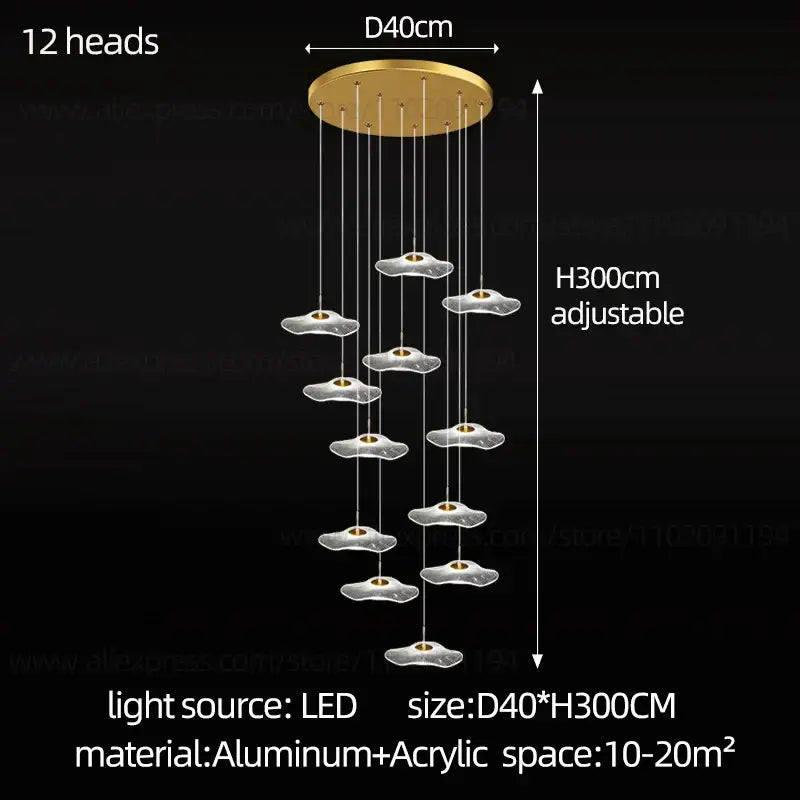 Gold-toned decorbites led lotus chandelier with 12 cloud-shaped acrylic heads and aluminum base for modern lighting