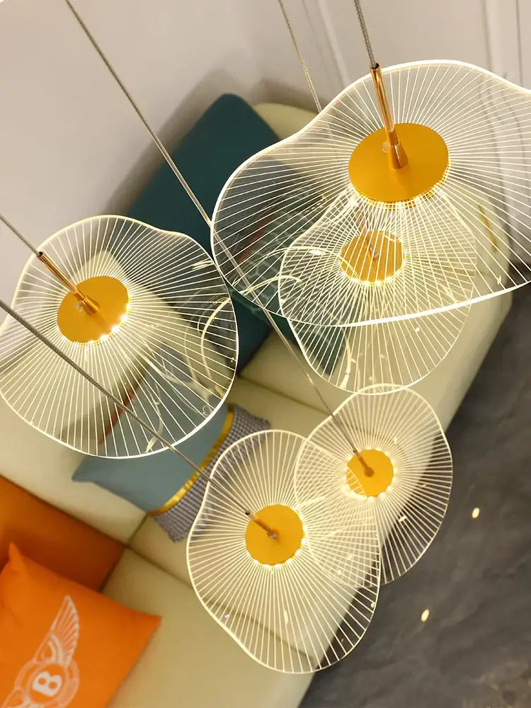 Modern white and gold decorbites led lotus pendant lights with delicate wireframe design for staircase chandelier lighting