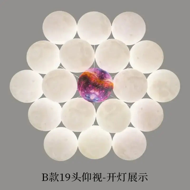 A decorbites led lunar ball ceiling chandelier with a glowing galaxy pattern and white orb ring for home decor