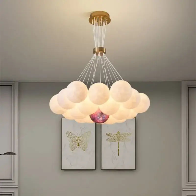 Cloud-shaped pendant light with gold mount and frosted spheres by decorbites led lunar for living bedroom lighting