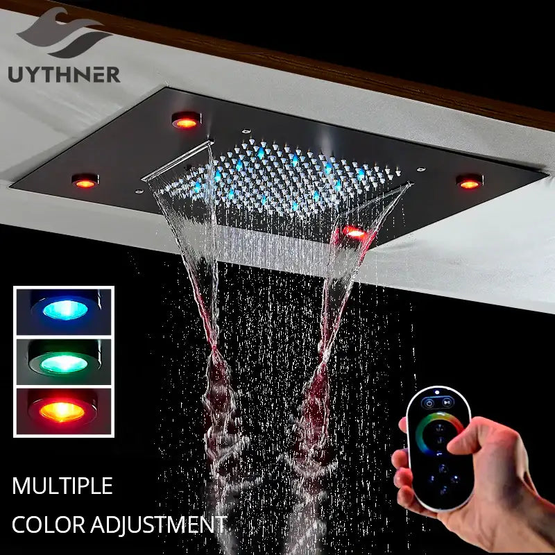 Black rectangular shower head with integrated led lights and waterfall design decorbites led luxury 304sus stainless steel