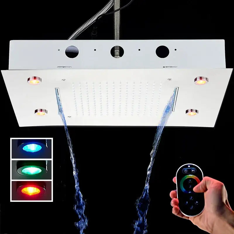 White rectangular decorbites led luxury shower head with integrated led lights and remote control for color customization