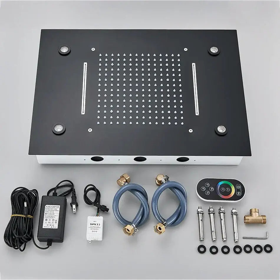 Black rectangular decorbites led luxury shower head panel with water jets white strips and installation accessories 304sus