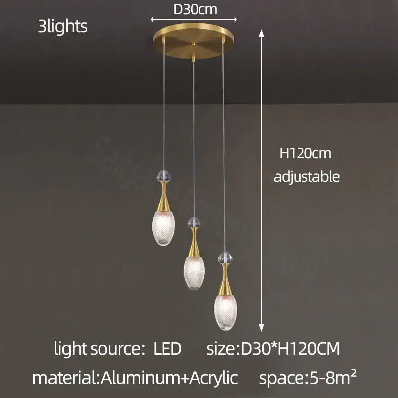 Gold-toned decorbites led luxury chandelier with three acrylic teardrop shades and aluminum mount for living room lighting