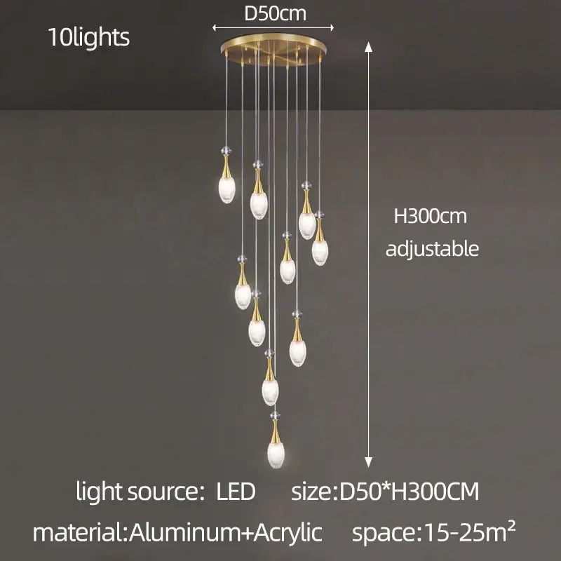 Gold-toned decorbites led luxury chandelier with ten teardrop led lights on adjustable aluminum acrylic fixture