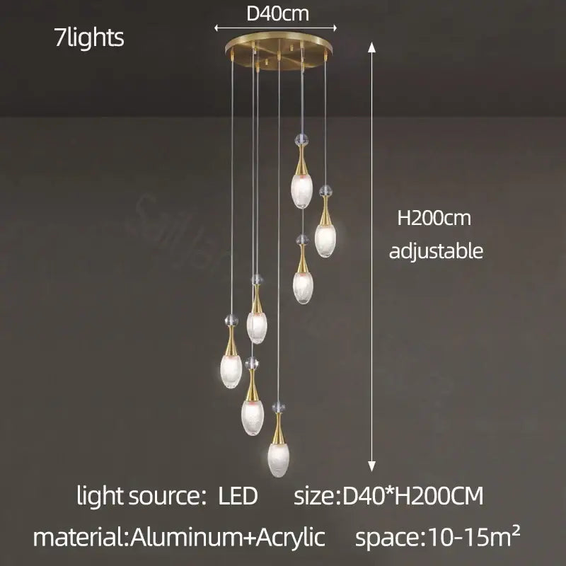 DecorBites led luxury chandelier with seven golden acrylic teardrop lights and aluminum ceiling mount for living areas