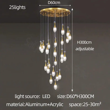 A decorbites led luxury chandelier with 25 led lights gold aluminum frame and white acrylic pendants for modern interiors