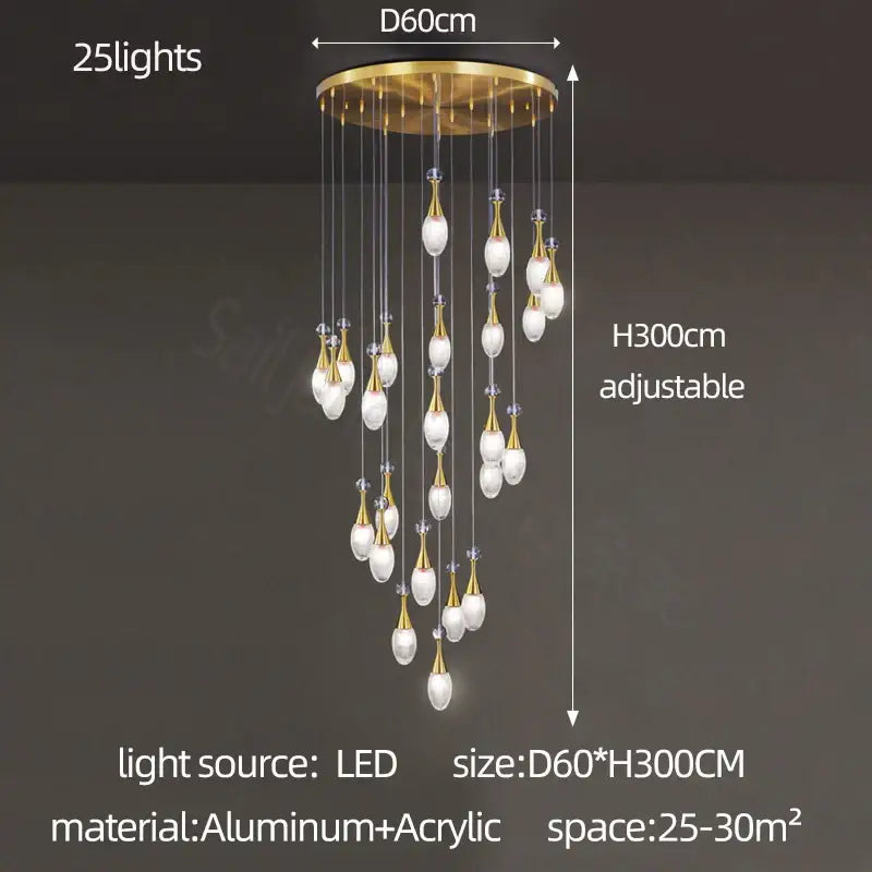 A decorbites led luxury chandelier with 25 led lights gold aluminum frame and white acrylic pendants for modern interiors