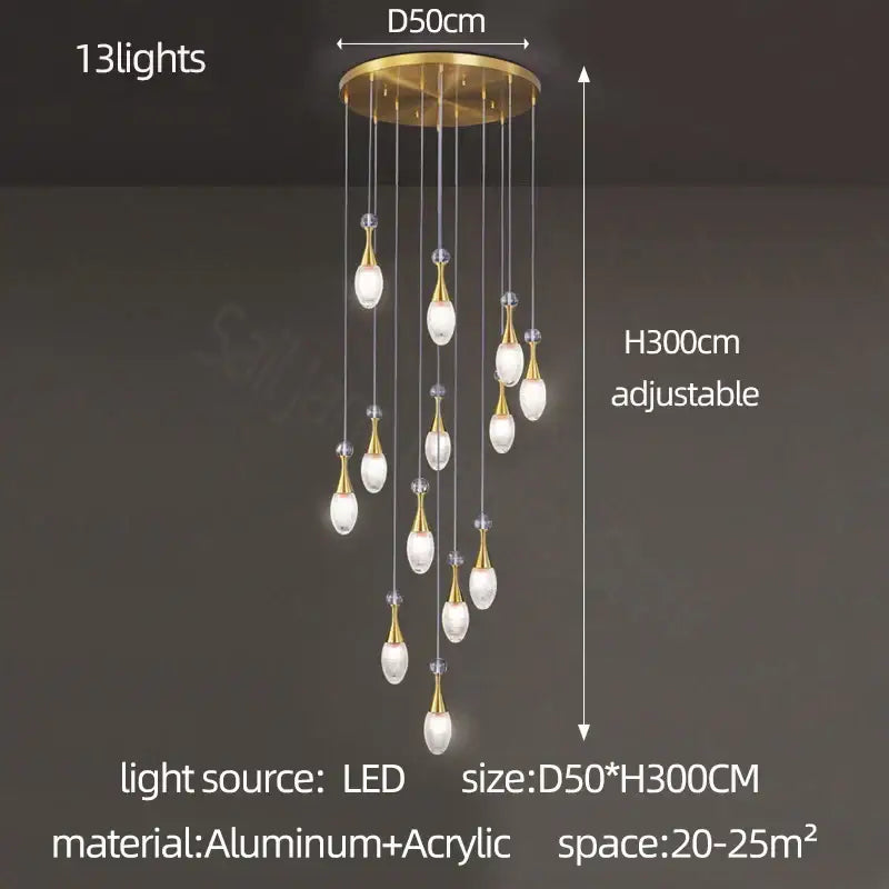 Gold-toned decorbites led luxury chandelier with 13 teardrop aluminum acrylic leds for modern living spaces