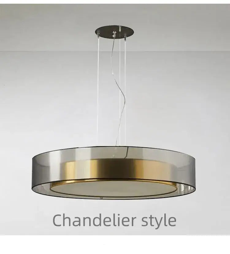 Modern circular DecorBites LED luxury chandelier with metallic frame, translucent glass, and warm gold band for bedrooms