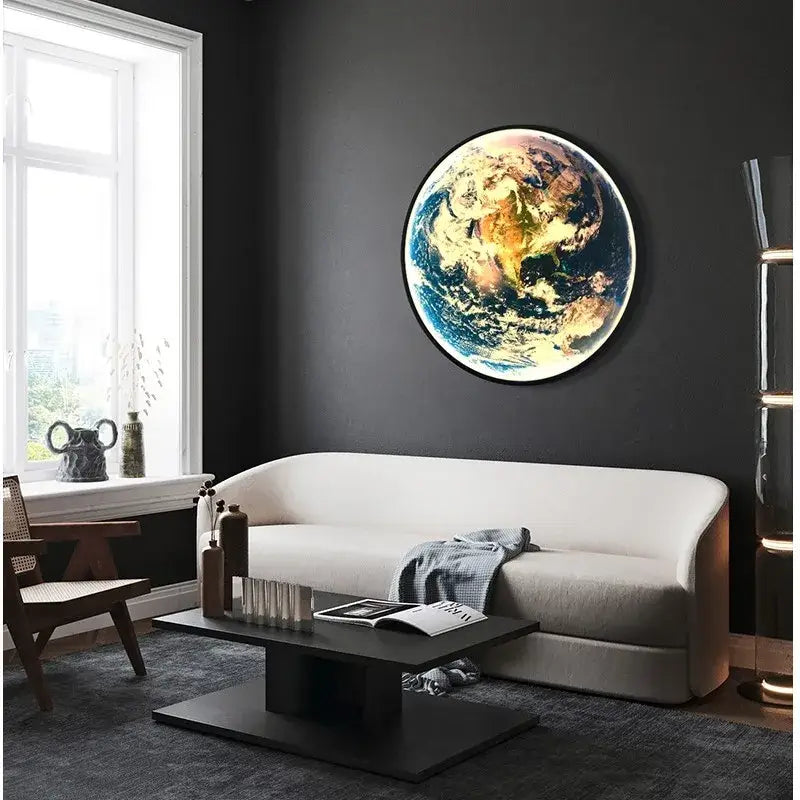 Circular decorbites led luxury earth wall lamp depicting vibrant blues and greens mounted on a dark wall for living room decor