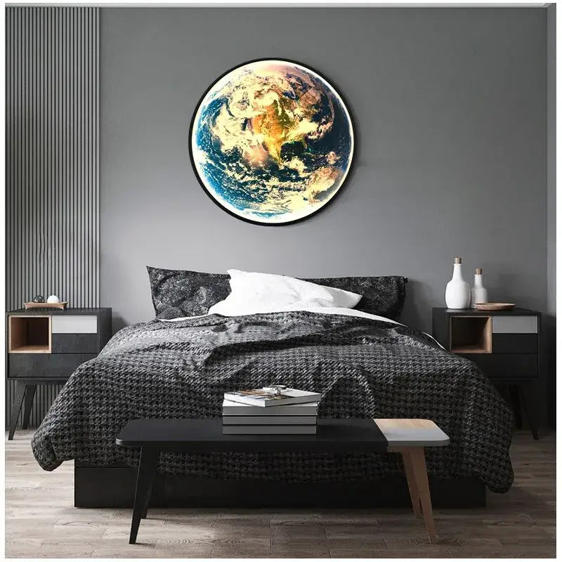 Circular framed decorbites led luxury earth wall lamp featuring vibrant swirling blues and golds for living room decoration