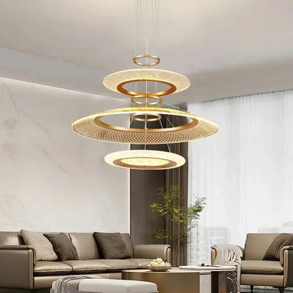 Golden decorbites led luxury ring chandelier with tiered circular design and woven mesh detailing for living room decor