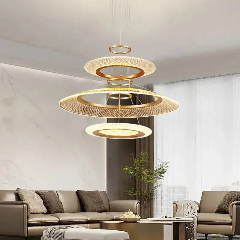 Golden decorbites led luxury ring chandelier with tiered circular design and woven mesh detailing for living room decor
