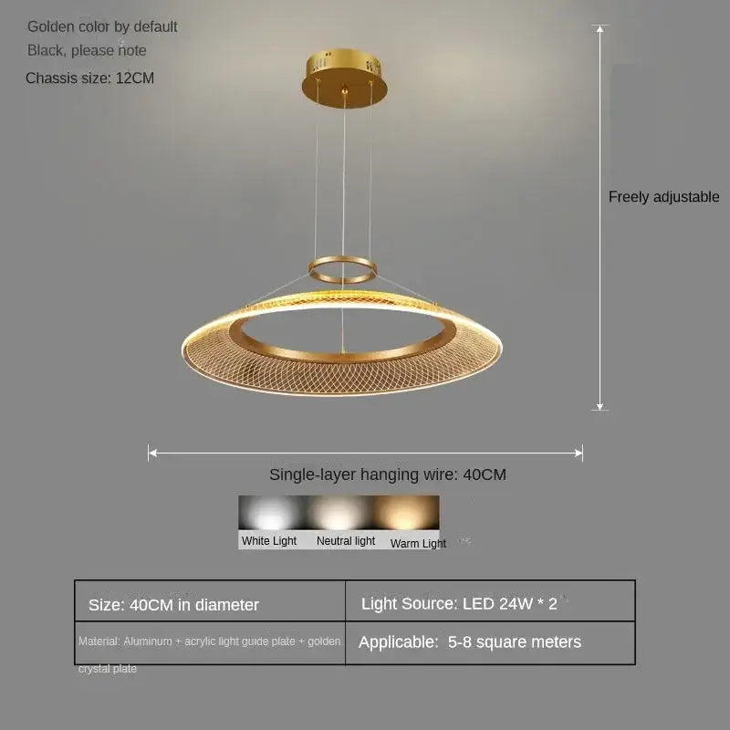 Modern golden ring pendant light with mesh acrylic design and adjustable wire by decorbites led luxury chandelier