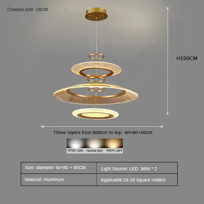 Modern gold-toned aluminum decorbites led luxury ring chandelier with three mesh circular layers and led lights for living room