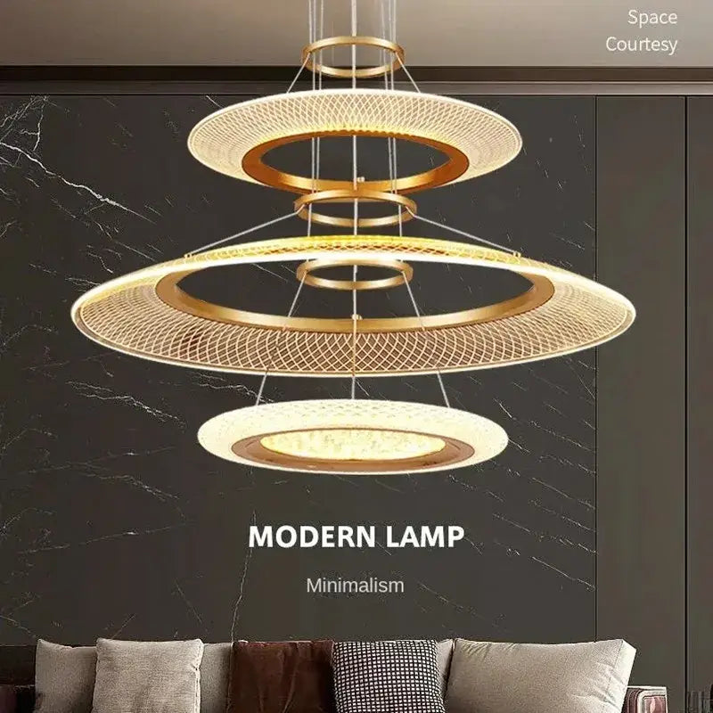 Modern DecorBites LED luxury ring chandelier with layered gold and white rings and woven mesh for living room decor