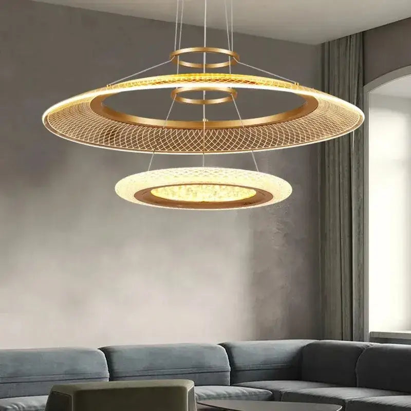 Modern gold-toned decorbites led luxury ring chandelier with woven mesh design and layered circular rings for living room decor