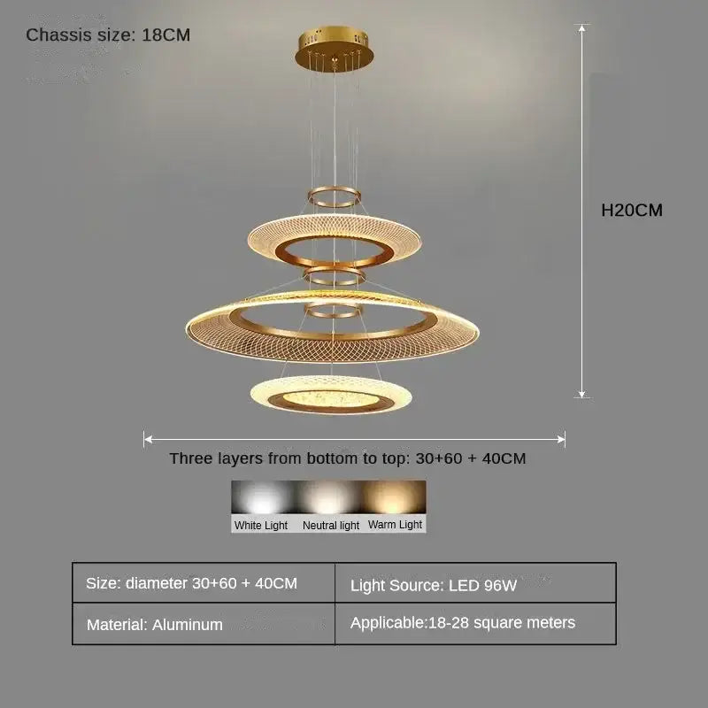 Gold-toned aluminum decorbites led luxury ring chandelier with three mesh circular layers and led lighting for living room decor