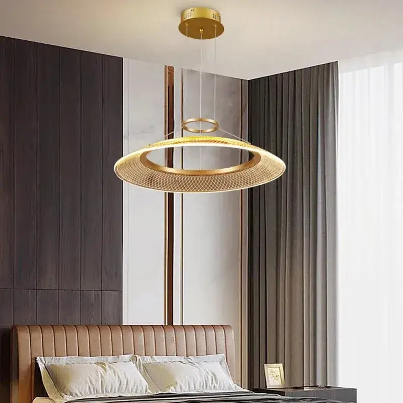 Gold-toned decorbites led luxury ring chandelier with woven mesh design and illuminated inner ring for living room decoration