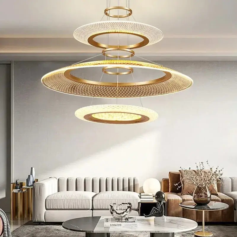 Modern gold-toned decorbites led luxury ring chandelier with woven mesh and illuminated circular rings for living room decoration