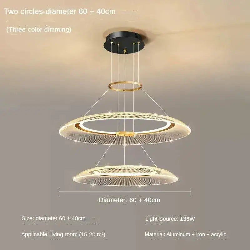 Modern two-tiered DecorBites LED luxury ring chandelier with gold and black accents in aluminum, iron, and acrylic for living room