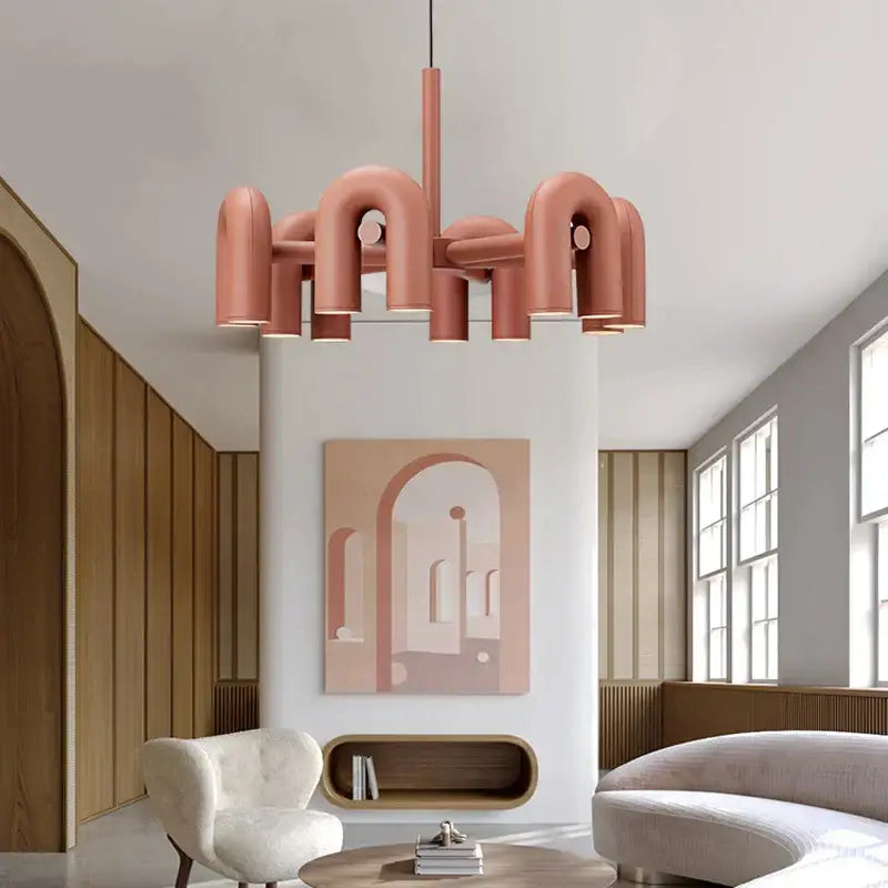 Modern rose gold decorbites led macaron pendant chandelier with sculptural pipe-like design for stylish lighting