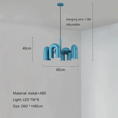 Modern blue metal and abs decorbites led macaron pendant chandelier with eight led lights in a u shape design