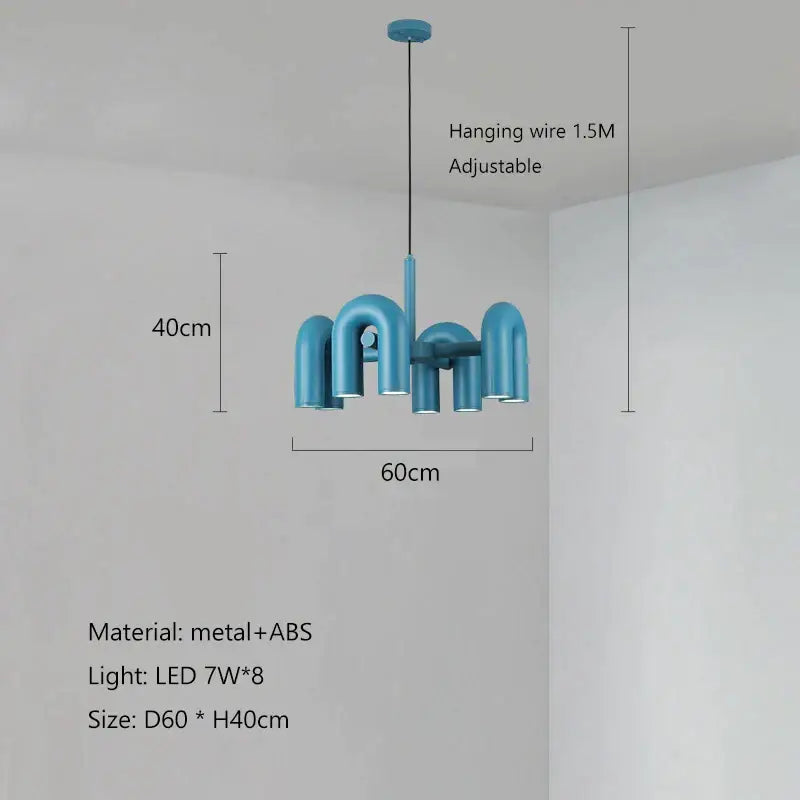 Modern blue metal and abs decorbites led macaron pendant chandelier with eight led lights in a u shape design