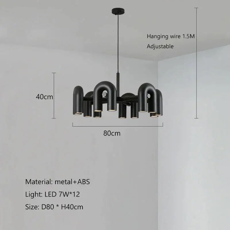 Black modern pendant chandelier with twelve curved metal and ABS arms in decorbites LED Macaron pendant design