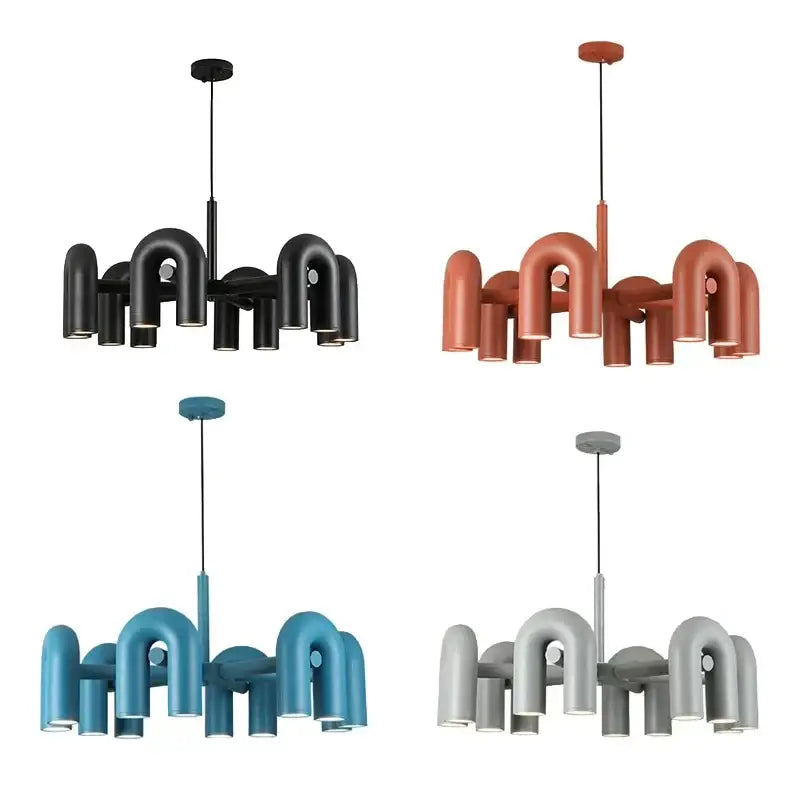 Modern pendant chandelier with curved pipe-like arms in matte black terracotta teal or gray finish by DecorBites LED Macaron