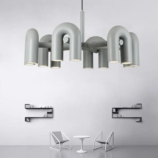 Modern gray metallic decorbites led macaron pendant chandelier with curved pipe-like arms and integrated led lighting