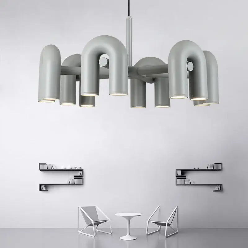 Modern gray metallic decorbites led macaron pendant chandelier with curved pipe-like arms and integrated led lighting