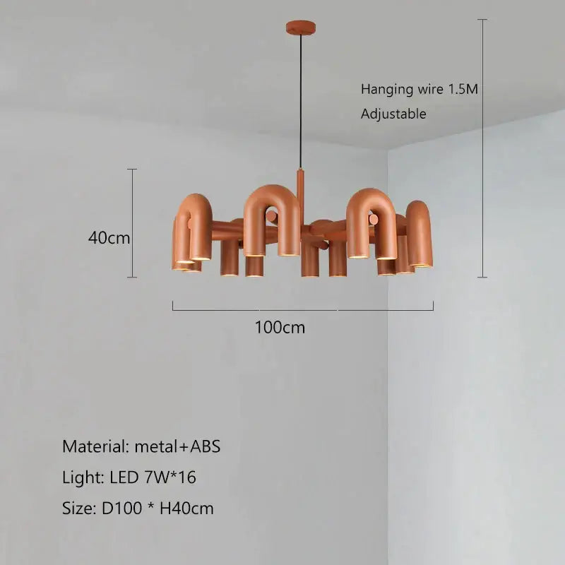 Copper-colored modern pendant chandelier with geometric u-shape design made of metal and abs plastic decorbites led macaron