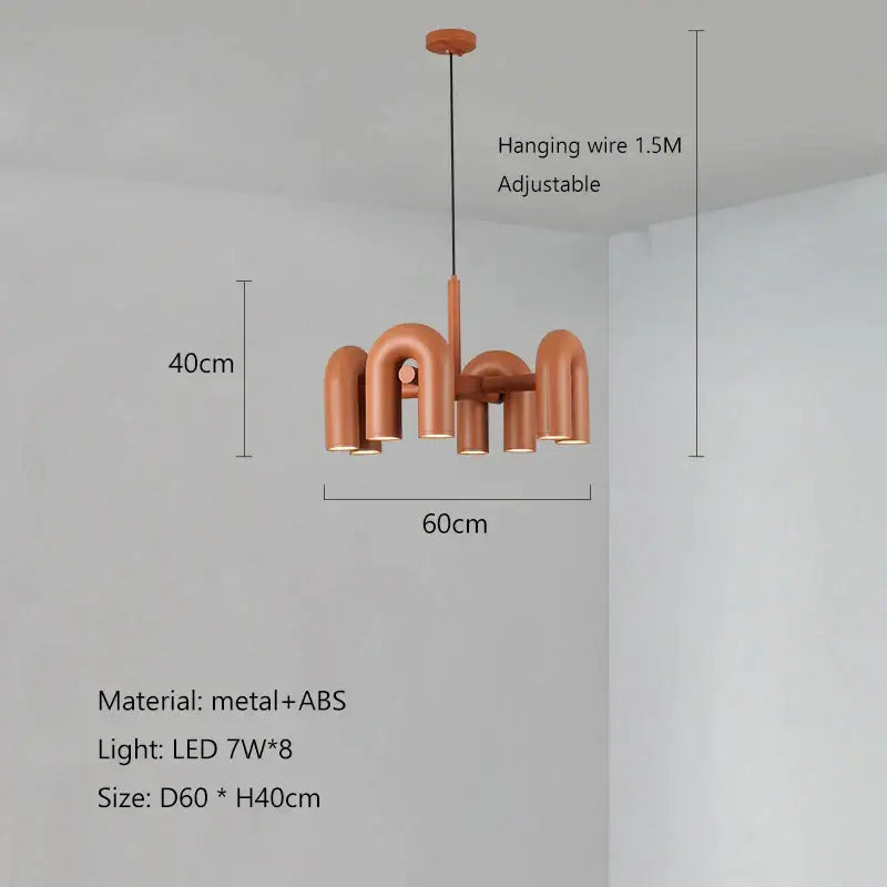 Copper-toned modern pendant chandelier with geometric pipe design made of metal and abs plastic decorbites led macaron