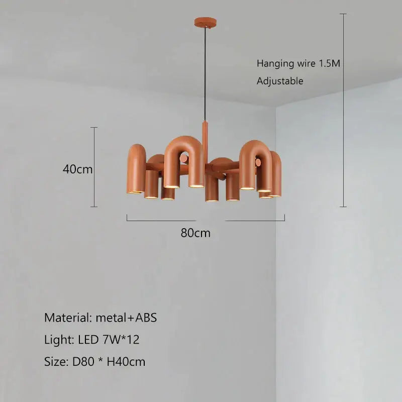 Copper-toned modern u shape hanging led macaron pendant chandelier by DecorBites featuring geometric metal and abs design