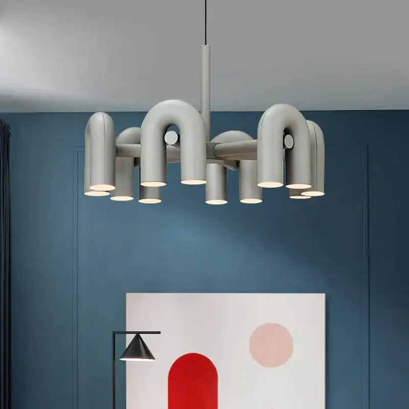 Modern gray u-shaped pendant chandelier with sleek metallic finish and multiple lights decorbites led macaron lamp
