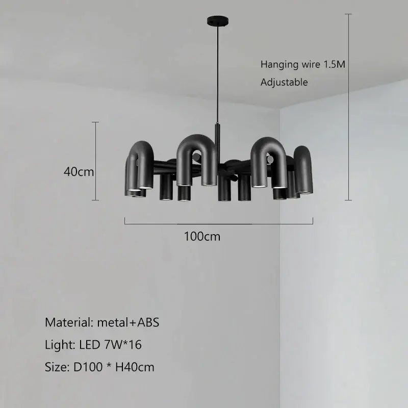 Modern black metal decorbites led macaron pendant chandelier with 16 circular led lights in u shape design