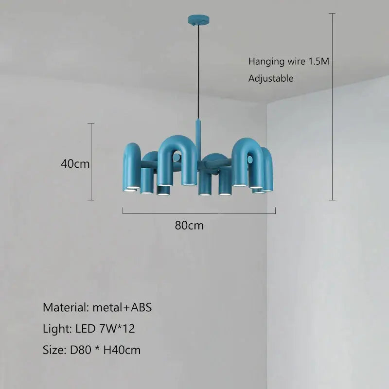 Modern teal-colored pendant chandelier with sleek industrial u-shaped metal and abs design decorbites led macaron lamp