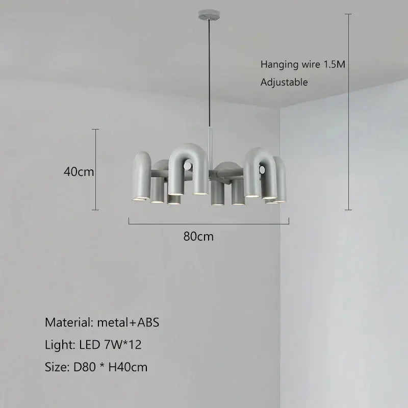 Modern gray metal and abs decorbites led macaron pendant chandelier with twelve curved pipe-like arms in u shape