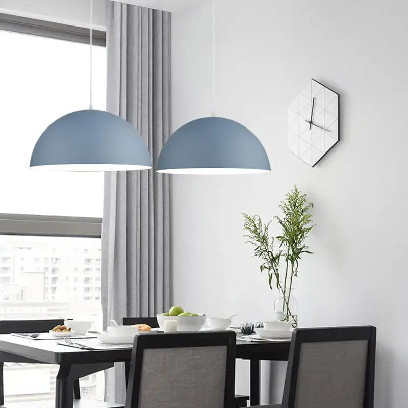 Two modern matte light blue dome-shaped pendant lights from decorbites led macaron pendant collection for home and restaurant