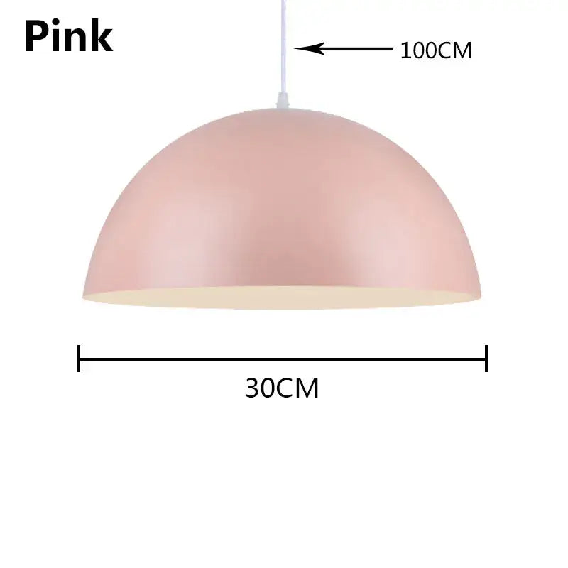 A sleek matte pink dome-shaped decorbites led macaron pendant light with 30cm diameter and 100cm hanging length