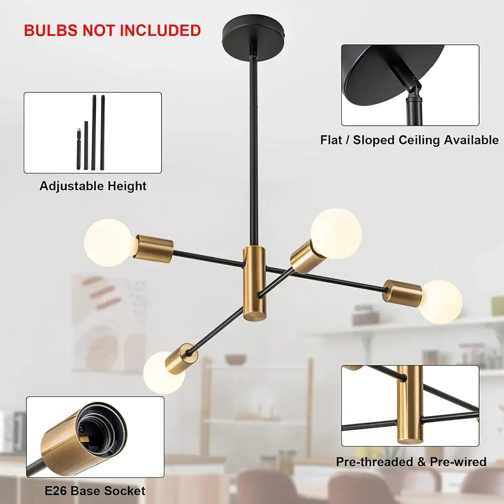 DecorBites™ minimalist magic bean chandelier with black and brass finish and adjustable height for indoor lighting
