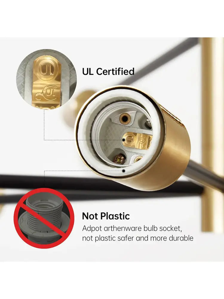 Gold-colored metal bulb socket with white ceramic interior and ul mark for decorbites™ minimalist magic bean chandelier