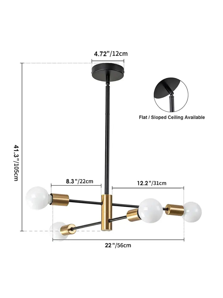 Modern black and brass decorbites™ led magic bean chandelier with four frosted glass globe bulbs for indoor lighting